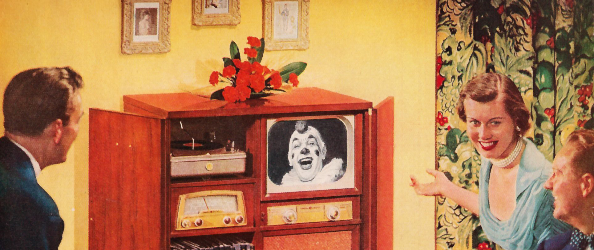 A vintage television ad where a woman shows to a group of male a TV, that has a clown on it